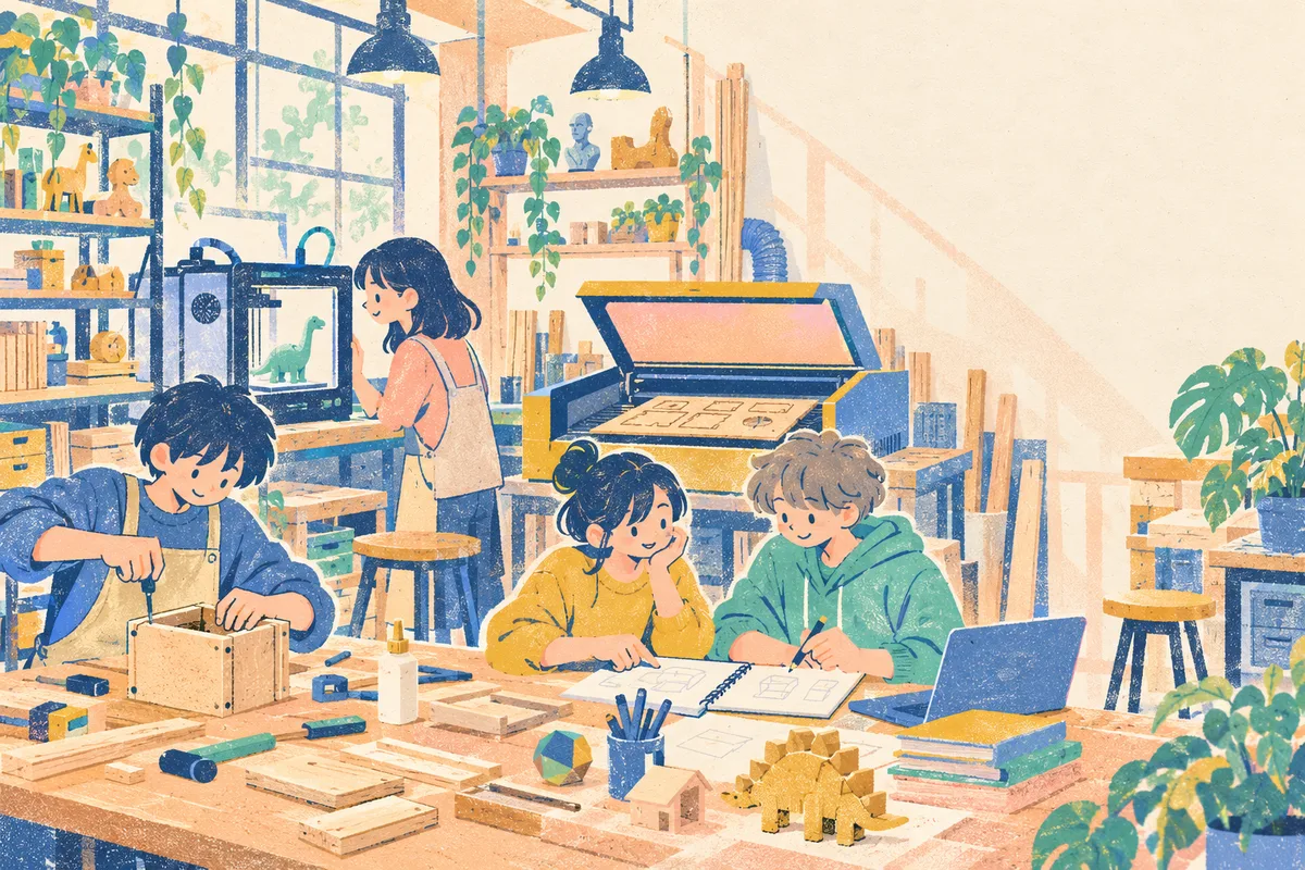 芸術工房で学生が作業しているイラスト